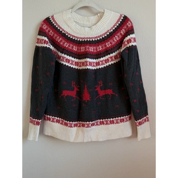 Loft Women’s Holiday Pullover Sweater Reindeer Fair Isle Petite Large Red Gray - Picture 6 of 12